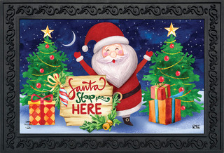 Briarwood Lane Santa Stop Here Christmas doormat with colorful, festive holiday design and decorative border.