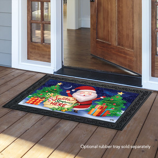 Briarwood Lane Santa Stop Here Christmas doormat on porch with colorful, festive holiday design.