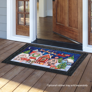 Briarwood Lane North Pole Magic Christmas doormat on a porch, colorful holiday display for winter season.