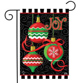 Briarwood Lane Christmas garden flag with colorful ornaments and joyful design for holiday porch display.