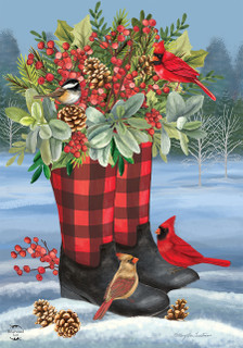 Briarwood Lane Winter Boots Garden Flag with colorful birds and festive winter decor on small flag.
