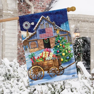 Briarwood Lane Holiday Barn Christmas House Flag, colorful festive seasonal decor for porch or yard display.