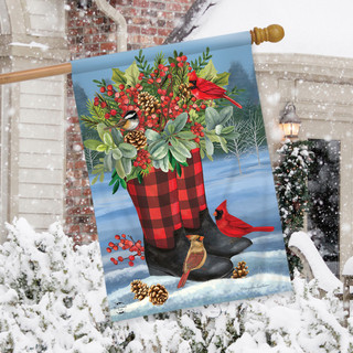 Briarwood Lane small printed Winter Boots House Flag with colorful, festive holiday design and cheerful cardinals.