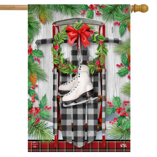 Briarwood Lane small printed Winter Sled House Flag with colorful holiday design and festive red bow.