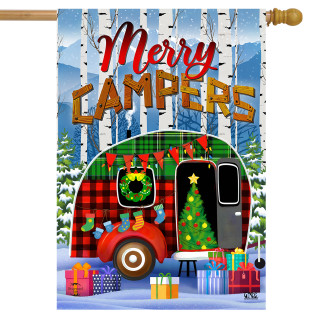 Briarwood Lane Merry Campers Christmas House Flag, colorful camper with holiday decor and presents outdoors.