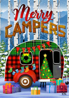 Briarwood Lane Merry Campers Christmas House Flag with colorful, festive, cheery holiday design on fabric.