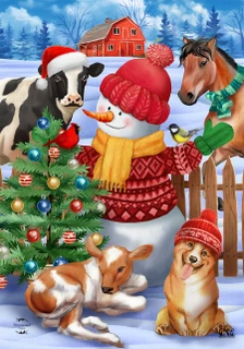 Briarwood Lane Barnyard Snowman Christmas Garden Flag with colorful holiday design and cheerful farm animals.