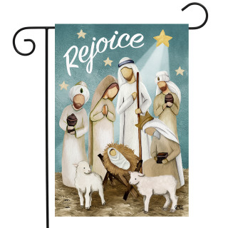 Briarwood Lane Rejoice Nativity Christmas garden flag with colorful, printed, festive holiday design and figures.
