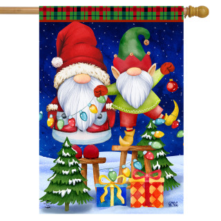 Briarwood Lane Christmas Gnomes Humor House Flag with colorful, cheery gnomes and festive holiday design.