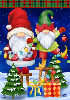 Briarwood Lane Christmas Gnomes Humor House Flag with colorful, cheery, festive holiday design on fabric.