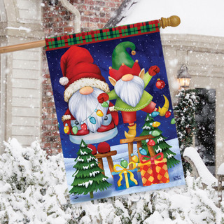 Briarwood Lane Christmas Gnomes Humor House Flag, colorful, cheery, small, printed decorative flag for holiday display.
