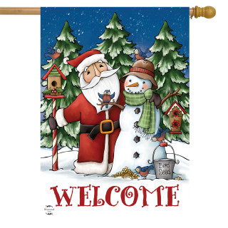 Briarwood Lane Christmas house flag with Santa and snowman, colorful holiday decoration for porch or yard.