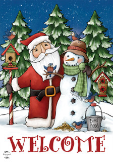 Briarwood Lane Christmas house flag with Santa and snowman on a snowy welcome display.