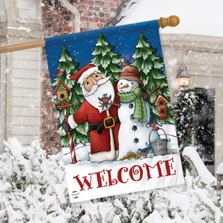 Briarwood Lane Christmas house flag with Santa, snowman, and welcome sign on a snowy porch.