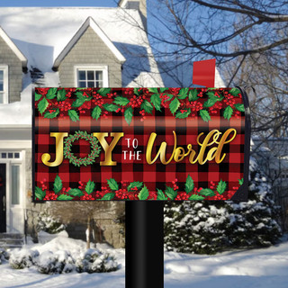 Briarwood Lane Joy To The World Christmas mailbox cover, red plaid with festive holiday holly design.