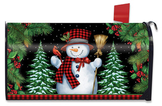 Briarwood Lane Red Checkered Snowman decorative winter mailbox cover with colorful festive holiday design.