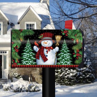 Briarwood Lane Red Checkered Snowman Winter Mailbox Cover, colorful holiday display for porch or yard decor.