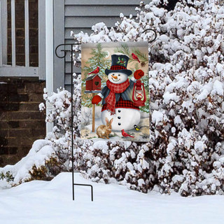 Briarwood Lane Snowman And Friends small printed garden flag with colorful winter scene on snowy porch.
