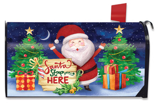 Briarwood Lane Santa Stop Here Humor Christmas Mailbox Cover, colorful festive holiday display for porch or yard.