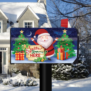Briarwood Lane Santa Stop Here colorful Christmas mailbox cover with festive holiday design on a porch.