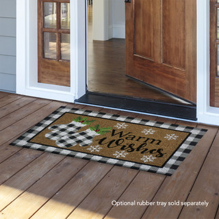 Briarwood Lane checkered coir doormat with holly, berries, and snowflakes reads "Warm Wishes" on porch.