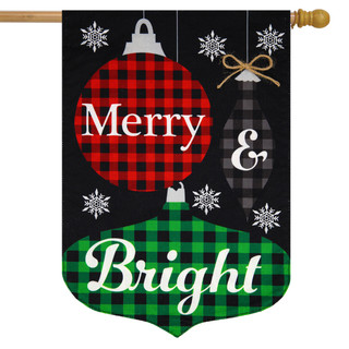 Briarwood Lane small printed Christmas house flag with colorful ornaments and snowflakes on black background.