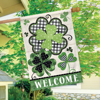 Briarwood Lane Patterned Shamrocks Welcome House Flag with gold accents and plaid details on porch.