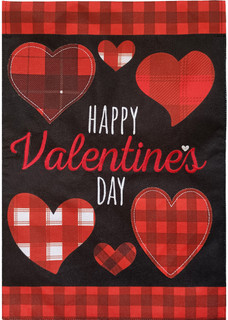 Briarwood Lane burlap house flag with red hearts and Happy Valentine's Day on black background.