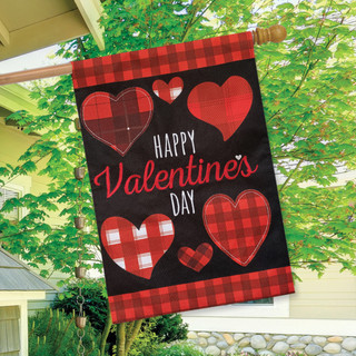 Briarwood Lane burlap house flag with red hearts and Happy Valentine's Day text on black background.