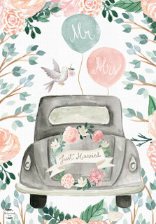Briarwood Lane Just Married burlap house flag with pink flowers and Mr. and Mrs. balloons.