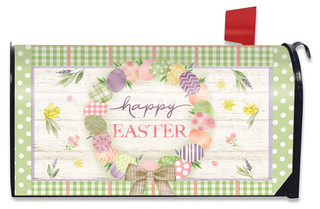 Briarwood Lane Easter Egg Wreath magnetic mailbox cover with colorful patterned eggs and happy Easter text.