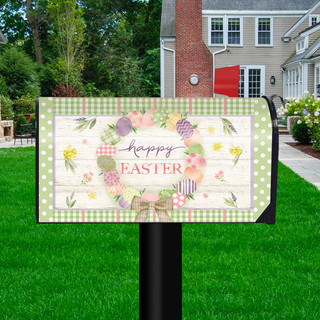Briarwood Lane Easter Egg Wreath magnetic mailbox cover with green checkered and polka dot design.
