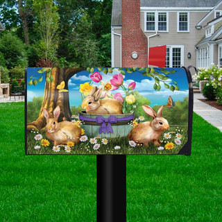 Briarwood Lane Spring Bunny Basket Floral Mailbox Cover with bunnies, tulips, and colorful flowers.