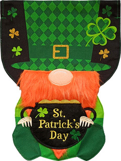 Briarwood Lane Lucky Gnome Burlap Sculpted Garden Flag with St. Patty's gold shamrock and four-leaf clover.