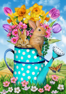 Briarwood Lane Bunny And Watering Can Spring Garden Flag with colorful bunnies and floral design.