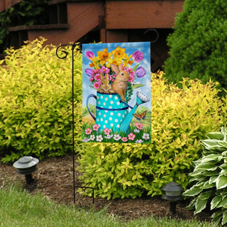 Briarwood Lane bunny watering can spring garden flag with colorful flowers and cheerful design outdoors.