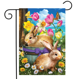 Briarwood Lane Spring Bunny Basket Garden Flag with colorful flowers and two brown bunnies.