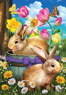 Briarwood Lane Spring Bunny Basket Garden Flag with colorful flowers and two adorable bunnies depicted.