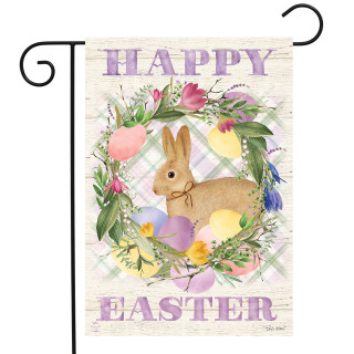 Briarwood Lane Bunny Easter Wreath Garden Flag with pastel Easter eggs and bunny decoration.