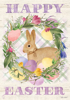 Briarwood Lane Bunny Easter Wreath Garden Flag with colorful eggs and floral decorations on display.