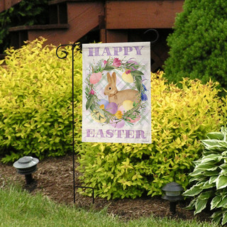 Briarwood Lane Bunny Easter Wreath Garden Flag with colorful eggs and bunny on display outdoors.