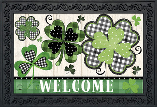 Briarwood Lane Patterned Shamrocks Welcome Doormat with checkered and polka dots design in green and gold.