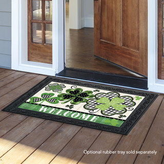 Briarwood Lane Patterned Shamrocks Welcome Doormat with gold four-leaf clover and checkered design.