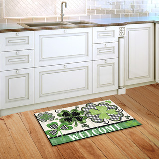 Briarwood Lane Patterned Shamrocks Welcome Doormat with gold accents and checkered Irish shamrock design.