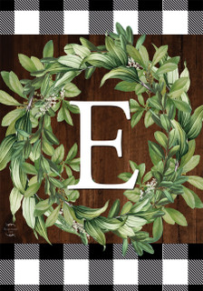 Briarwood Lane Wreath Monogram E Garden Flag with greenery and checkered border for farmhouse porch decor.
