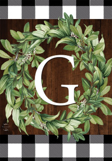 Briarwood Lane Wreath Monogram G Garden Flag with greenery and checkered border for farmhouse decor.