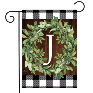 Briarwood Lane Wreath Monogram J Garden Flag with greenery and checkered border for porch display.