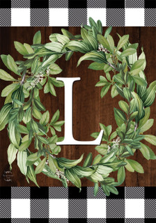 Briarwood Lane Wreath Monogram L Garden Flag with greenery and checkered border on wooden background.
