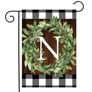 Briarwood Lane Wreath Monogram N Garden Flag with greenery, checkered border, perfect for farmhouse porch decor.