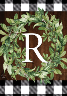 Briarwood Lane Wreath Monogram R Garden Flag with greenery and checkered border, colorful farmhouse decor.